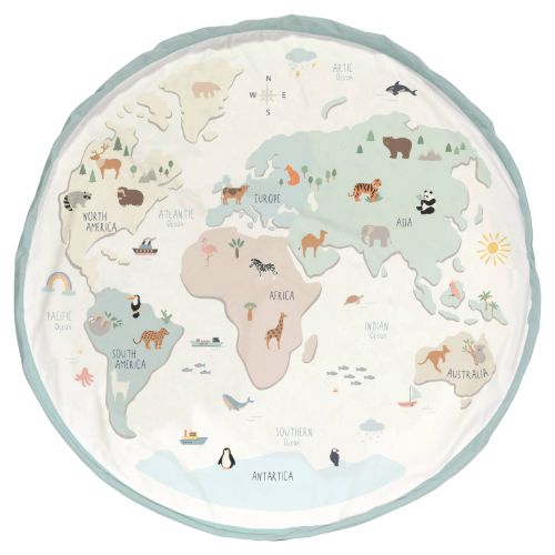 worldmap colour toy storage bag and playmat, open, front side
