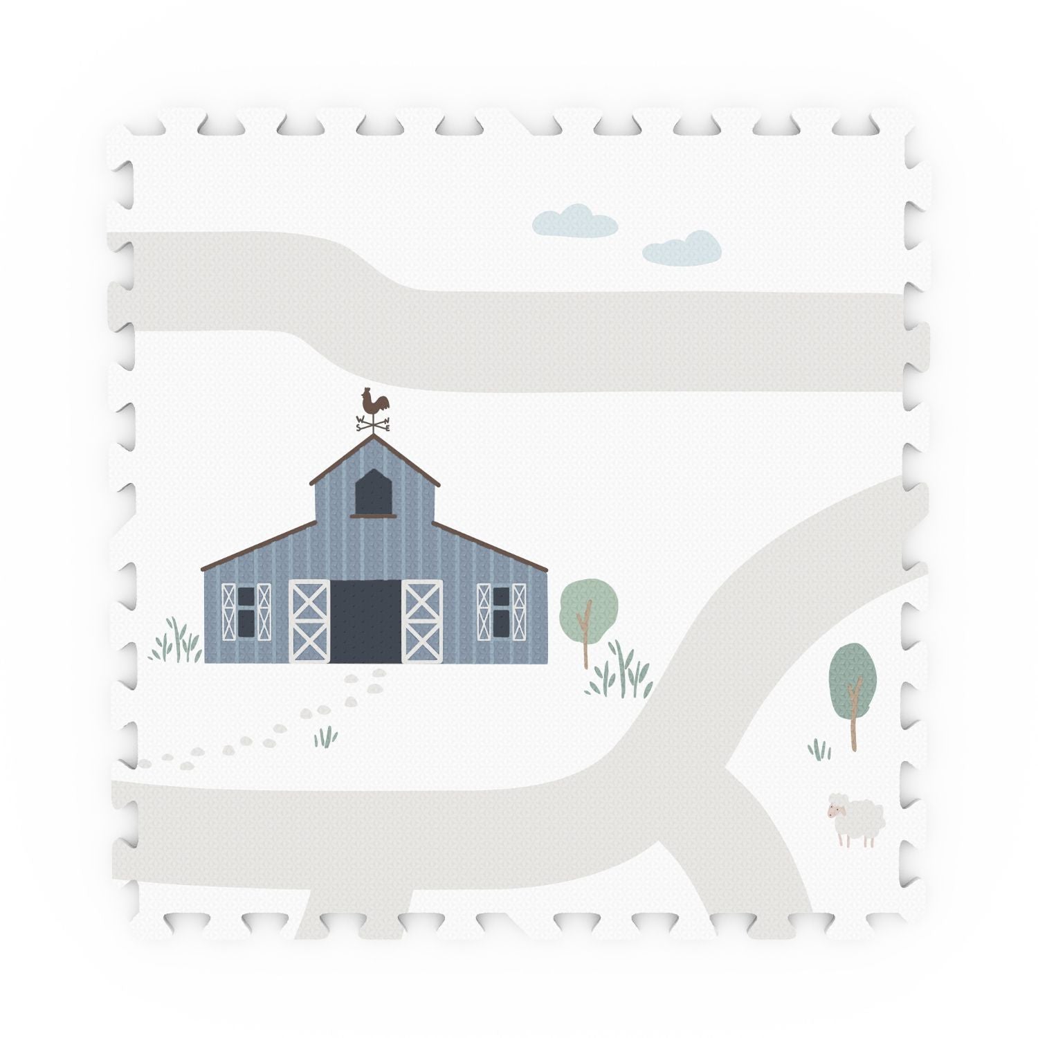 detail of EEVAA farm puzzlemat, a blue barn, trees and clouds