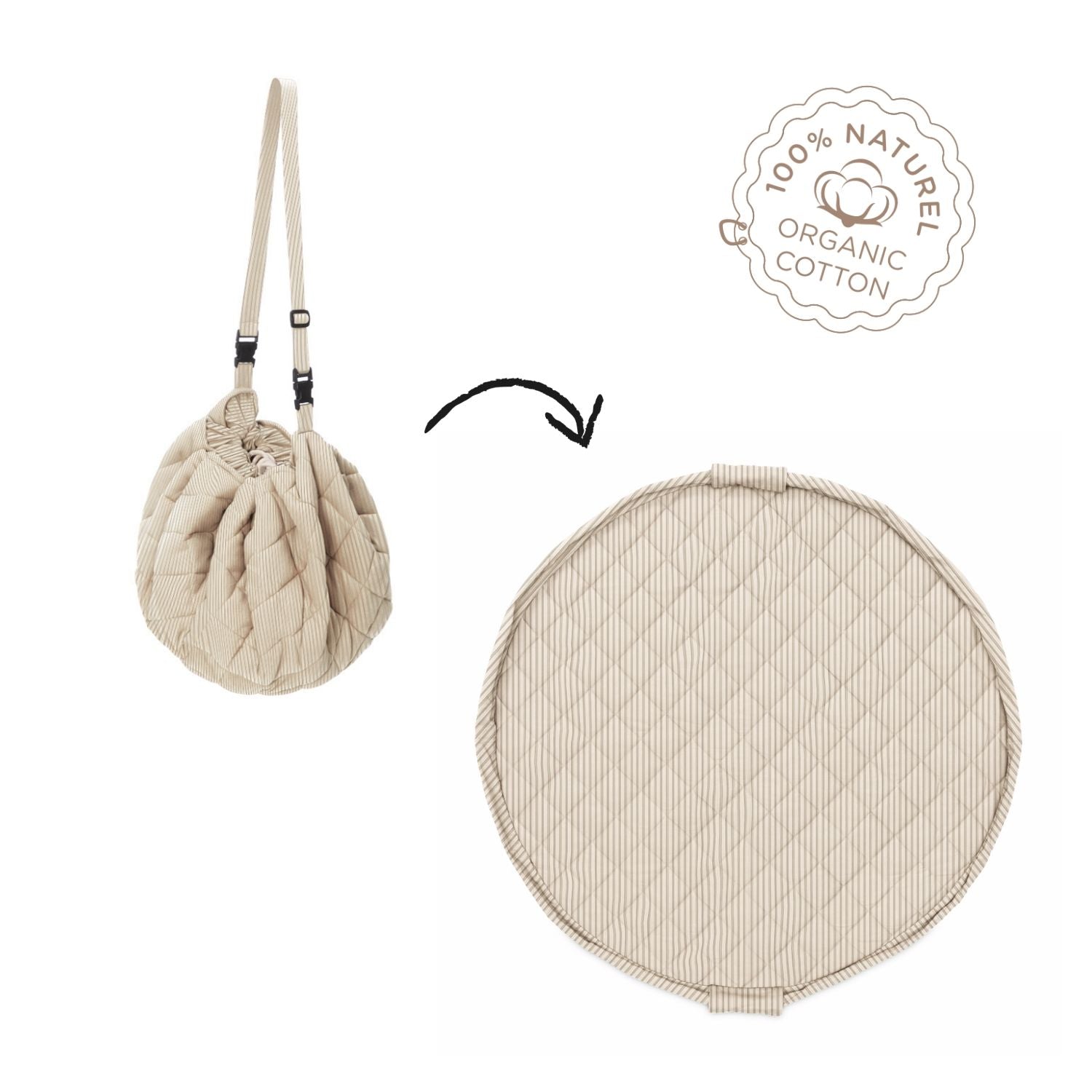 detail of soft organic stripes blue babymat, from bag to mat, label organic cotton