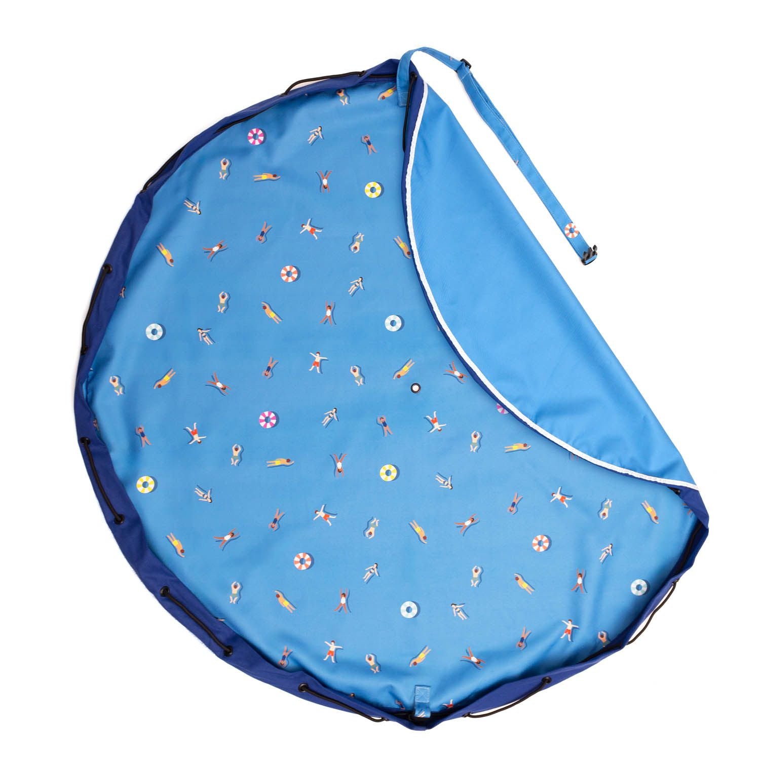 detail of swim fun outdoor beach bag, open mat with folded piece and shoulder strap