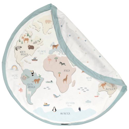 worldmap colour toy storage bag and playmat, open with folded piece, front side
