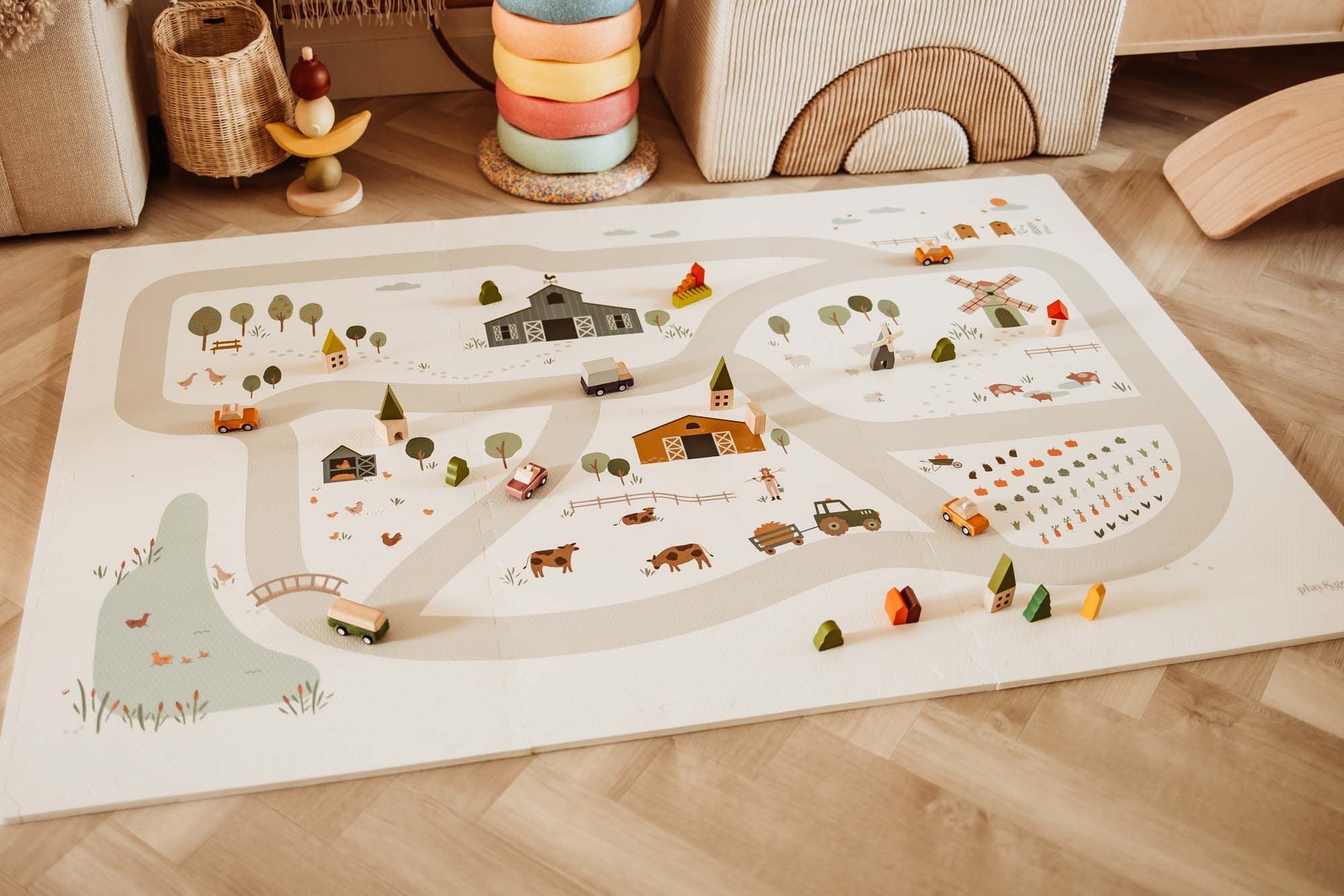 EEVAA farm puzzlemat, wooden toys, colored steps, wooden basket, wooden fruits and swing board