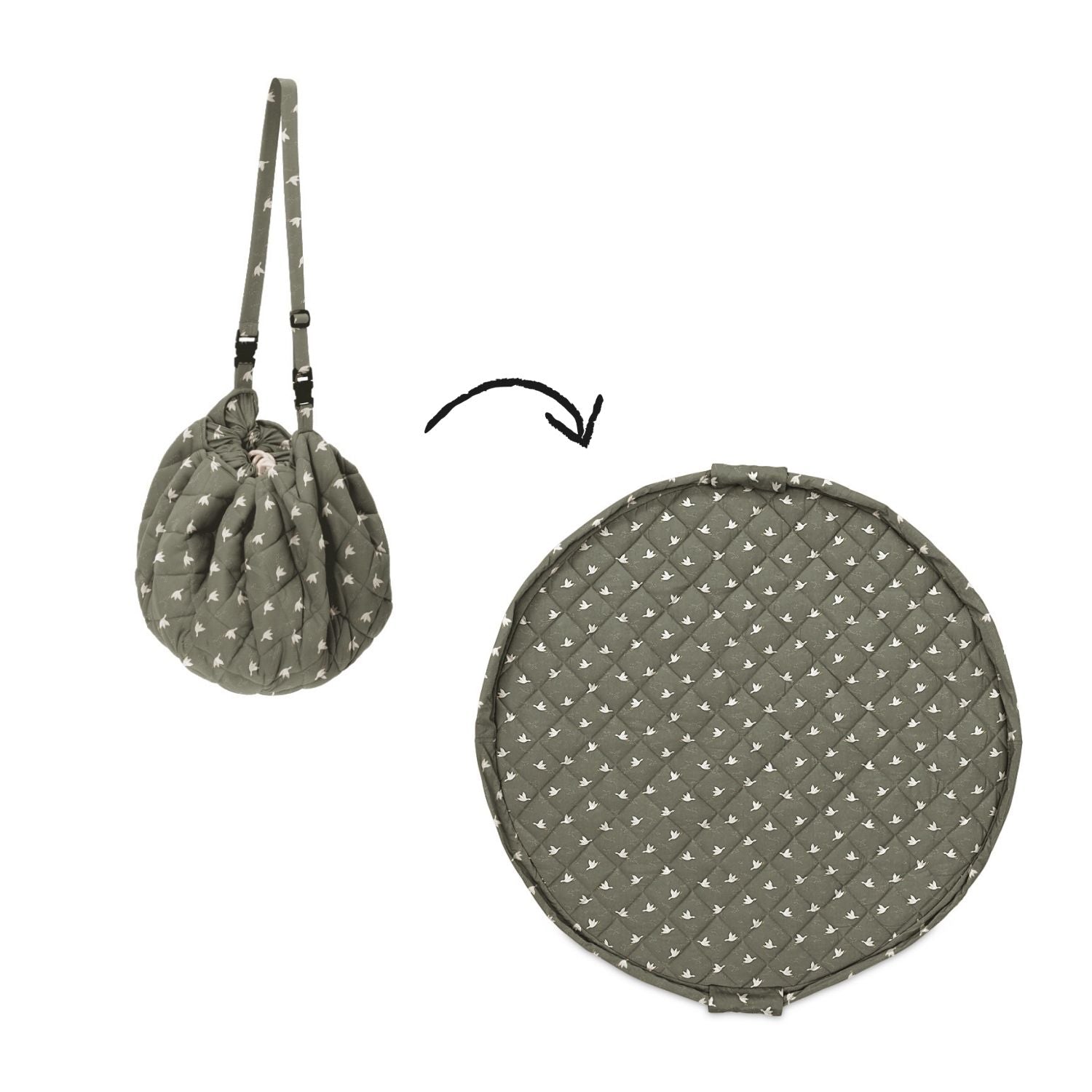 detail of soft organic birds babymat, from bag to mat