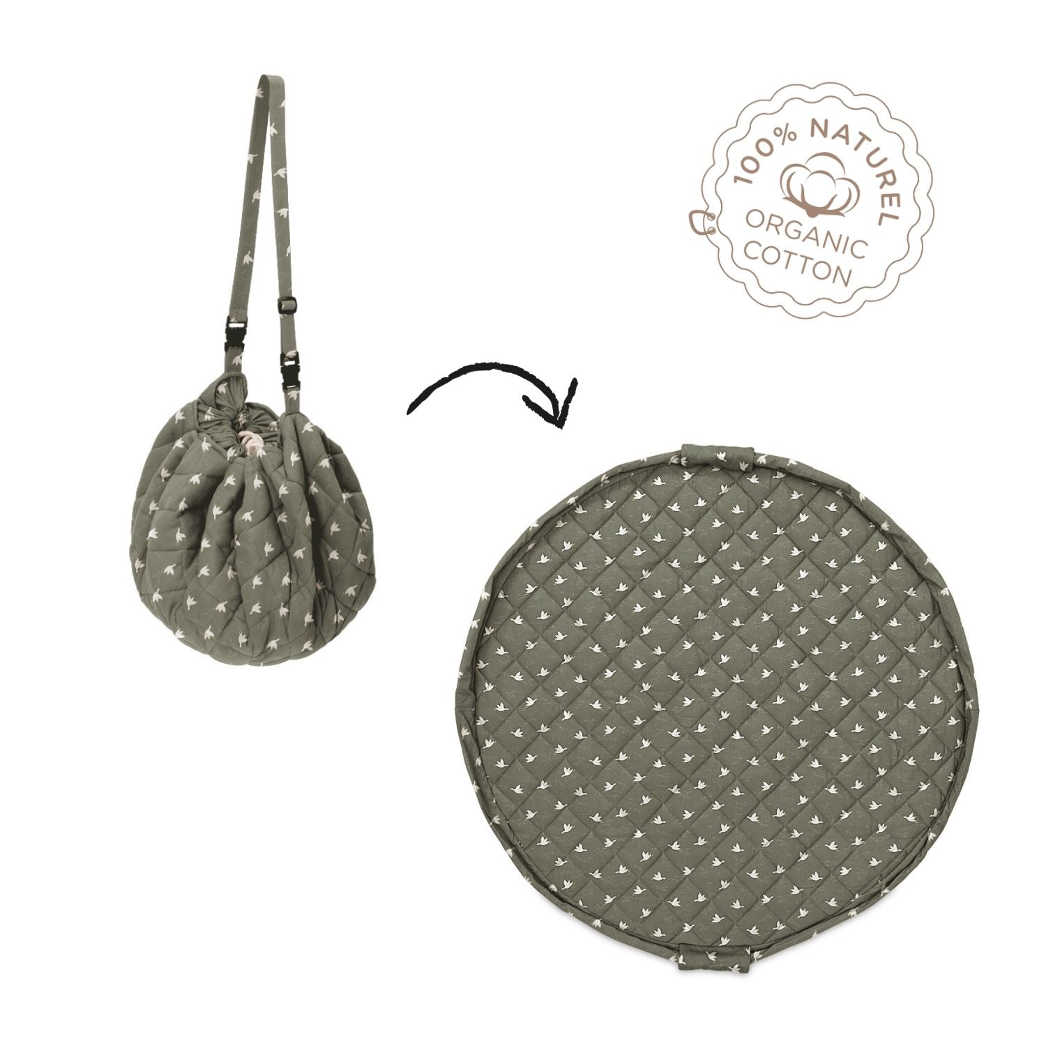 detail of soft organic birds babymat, from bag to mat, label organic cotton