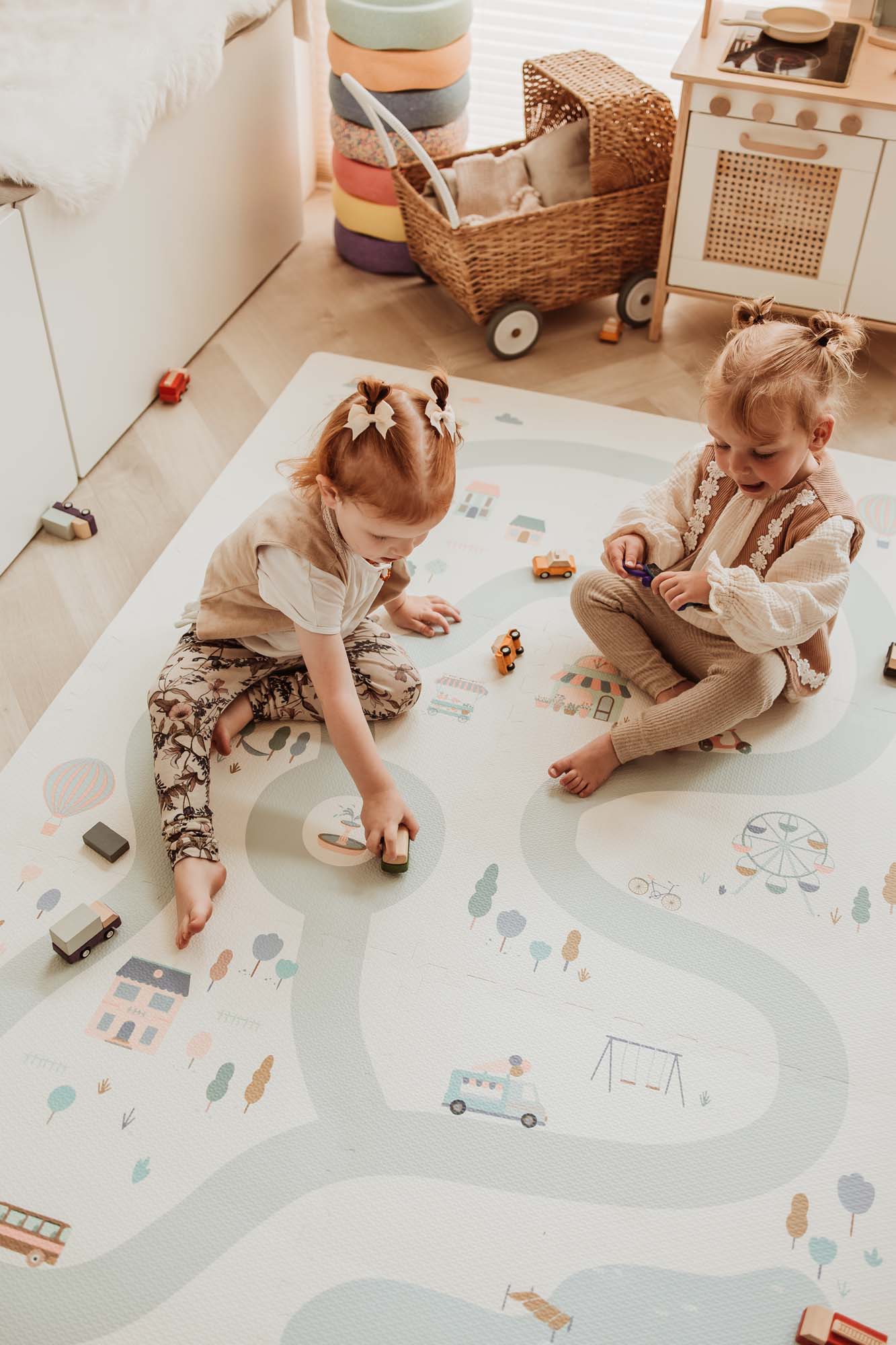 EEVAA village/terrazzo foam puzzle mat, children playing with wooden toy cars on the mat in kidsroom