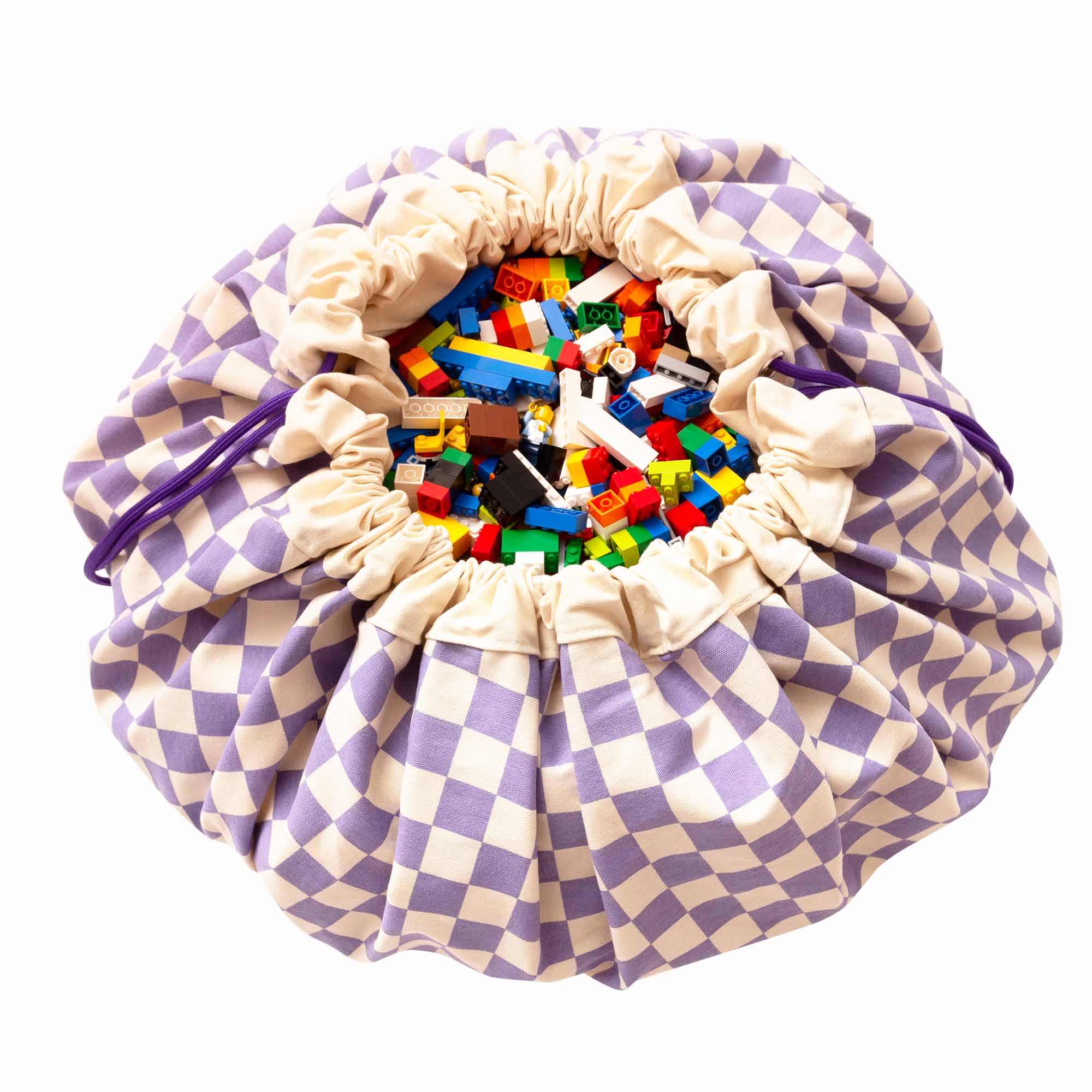 vichy purple storage bag, filled with lego
