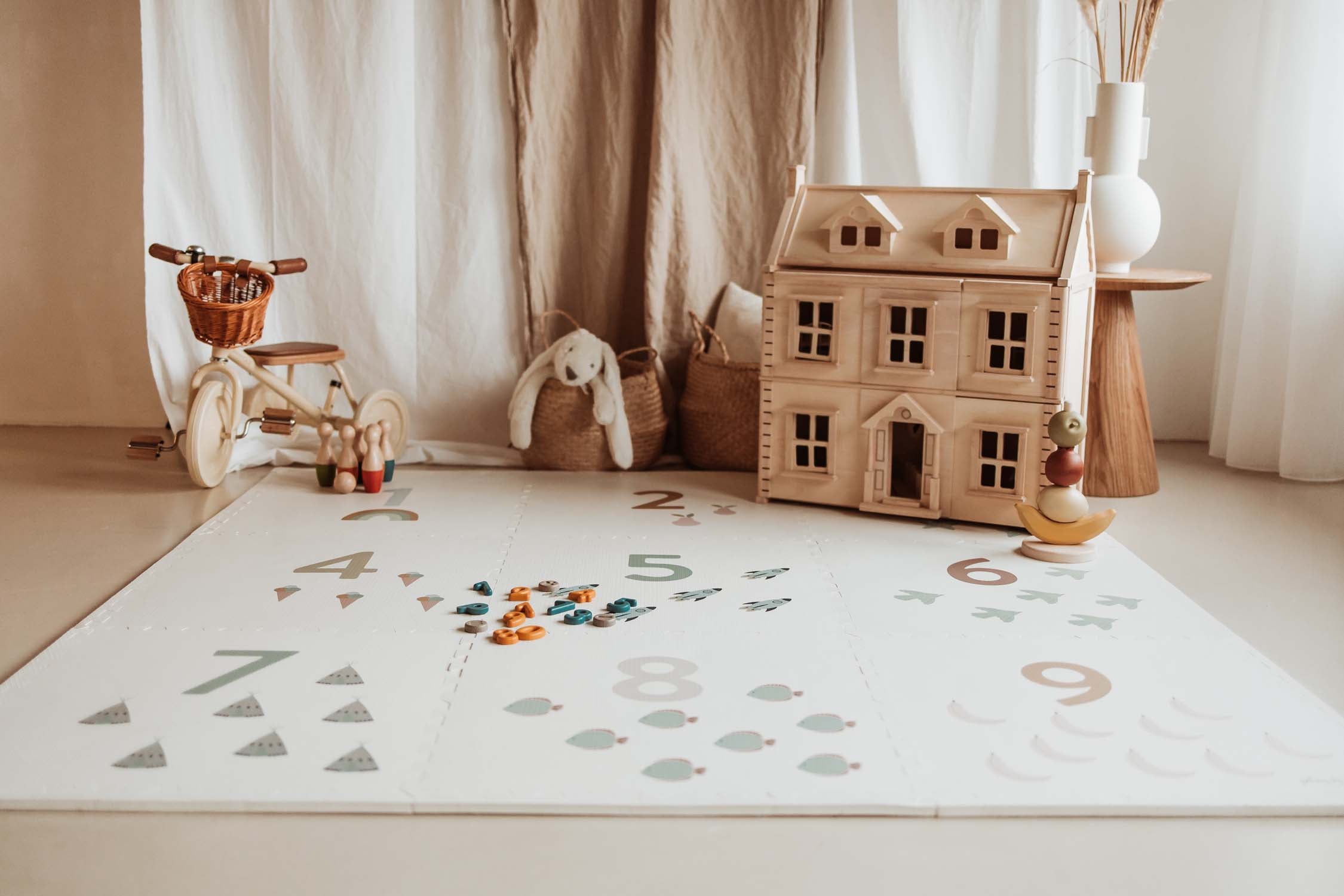 numbers puzzlemat, wooden toys such as victorian play house and tricycle