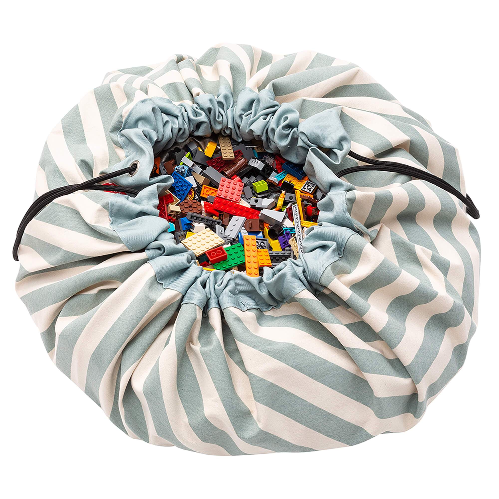 product picture toy storage bag and play mat, green stripes, filled with lego