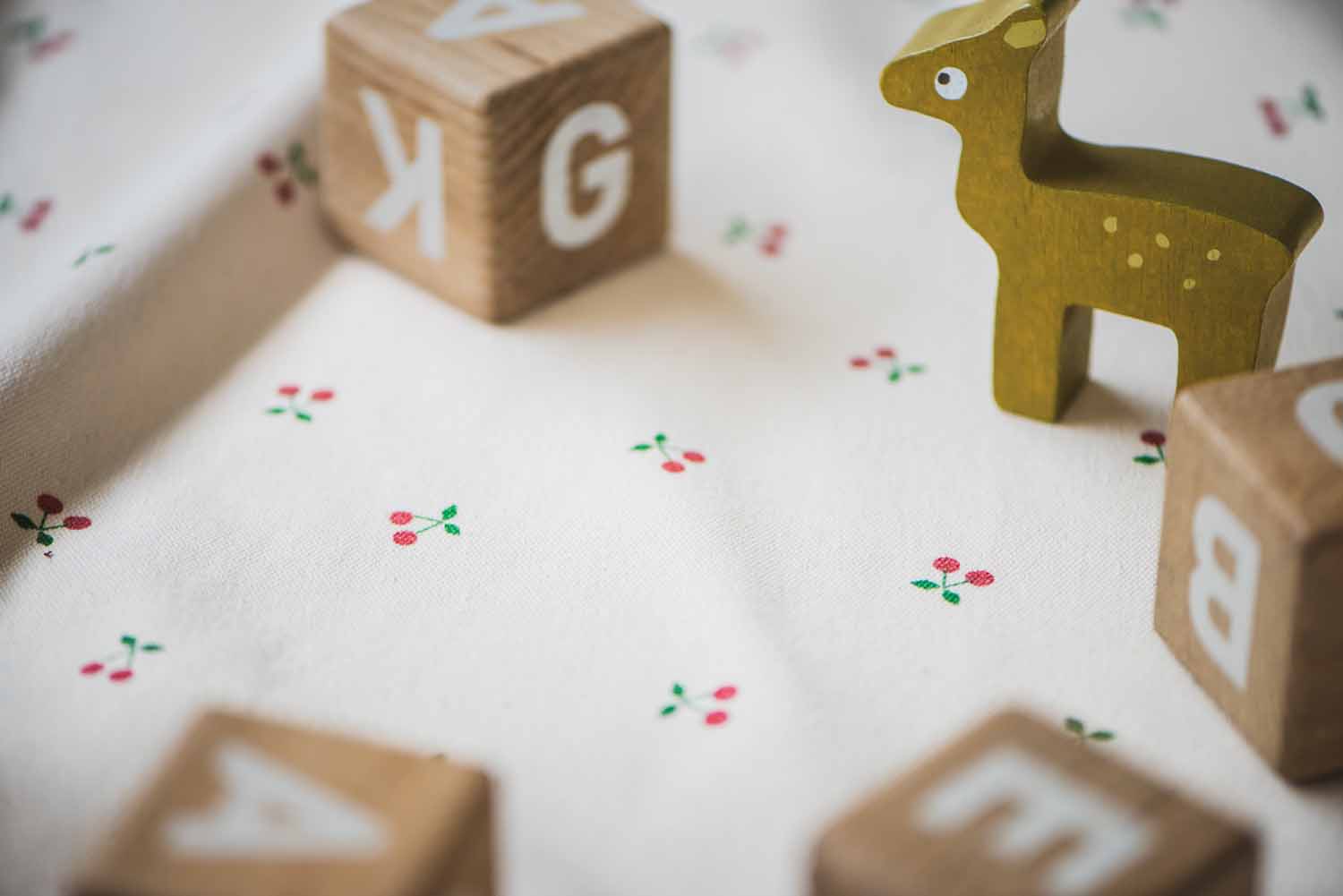 detail picture of cherry cherry storage bag, wooden deer and blocks