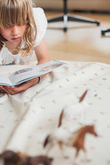 cherry cherry storage bag, child is reading a book, open mat on floor