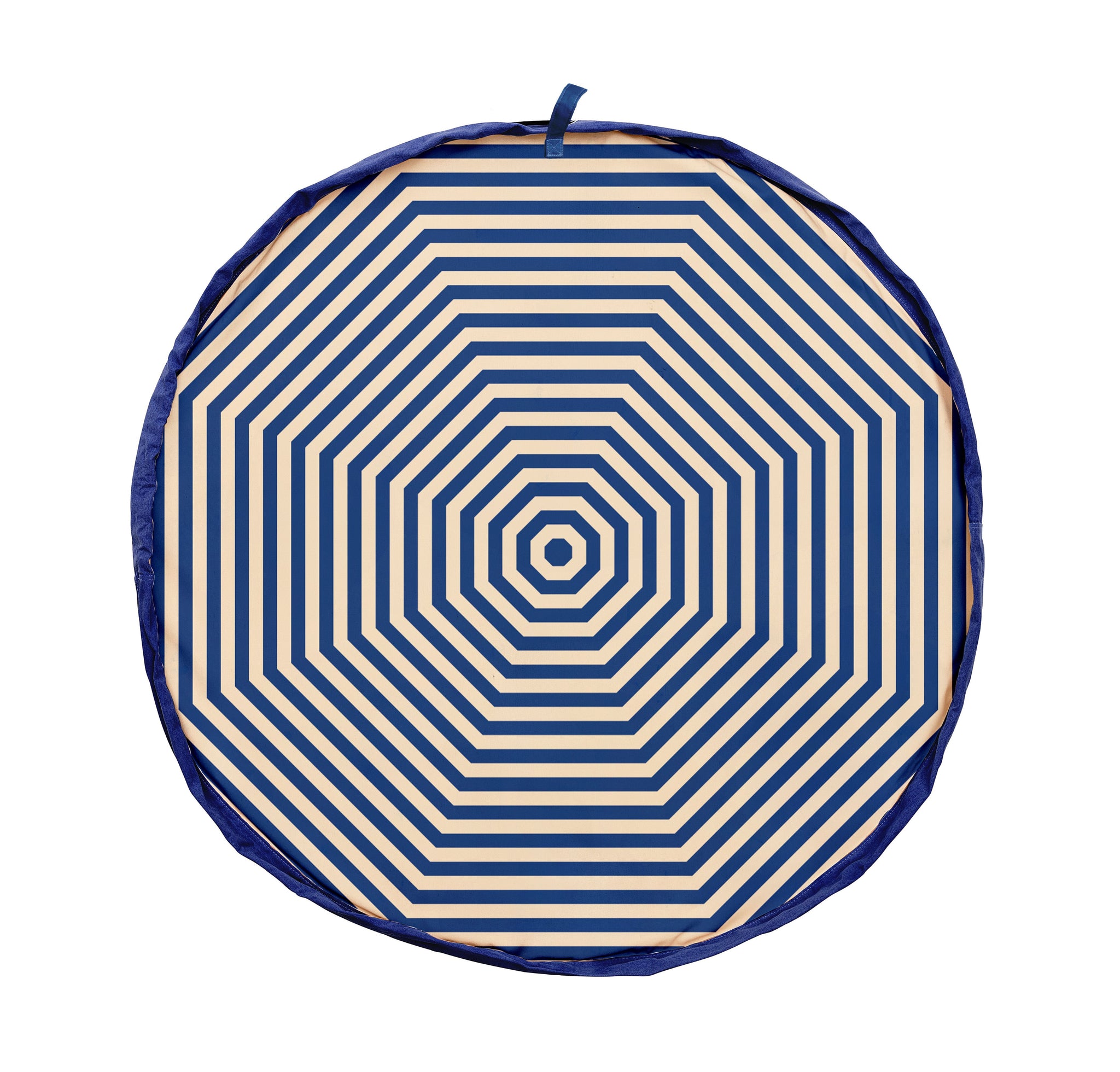 Beach outdoor storage bag, blue and beige striped design on a white background