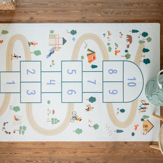 tiloo hopscotch puzzlemat, storage box, and mini house