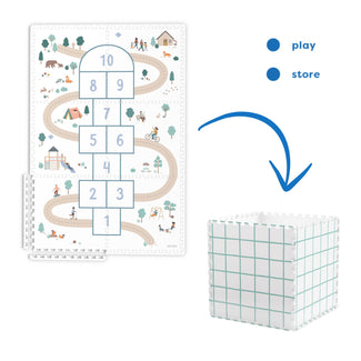 tiloo hopscotch puzzlemat, storage box, and mini house