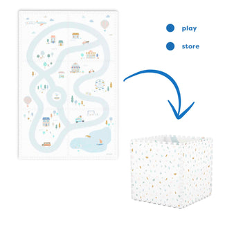 tiloo village puzzlemat, storage box, and mini house