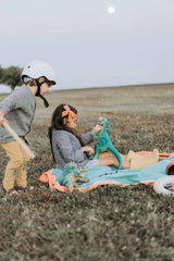 outdoor play storage bag, 2 kids playing with dinos on the mat in a field