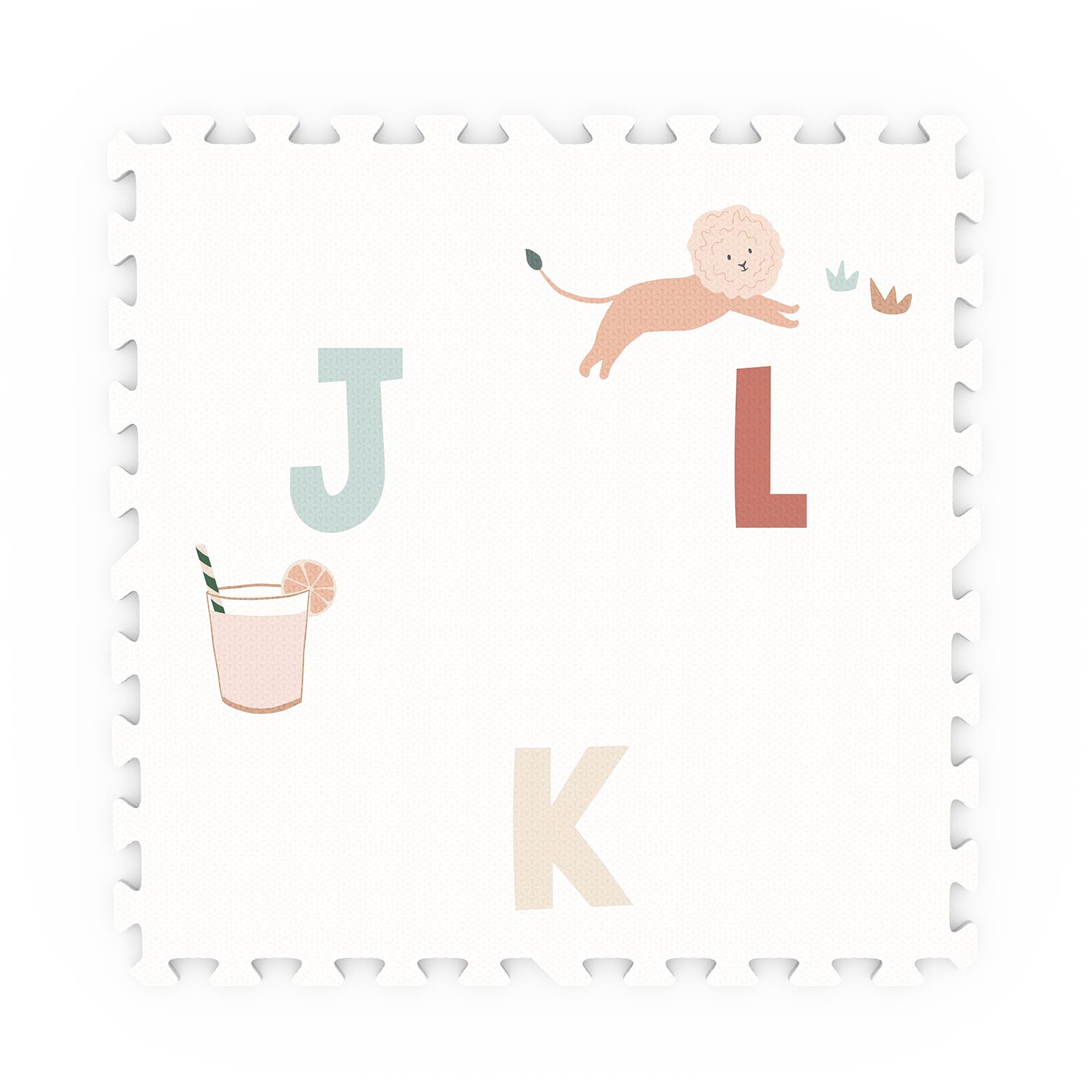 detail picture of alphabet/terrazzo puzzlemat, JKL drinks and lion